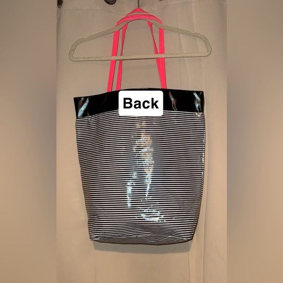 Victoria's Secret Black & White Striped Tote with Pink Handles - Picture 2 of 3